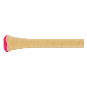 Close-up side view of a bat handle featuring a tan perforated grip tape wrap and a bright pink knob.