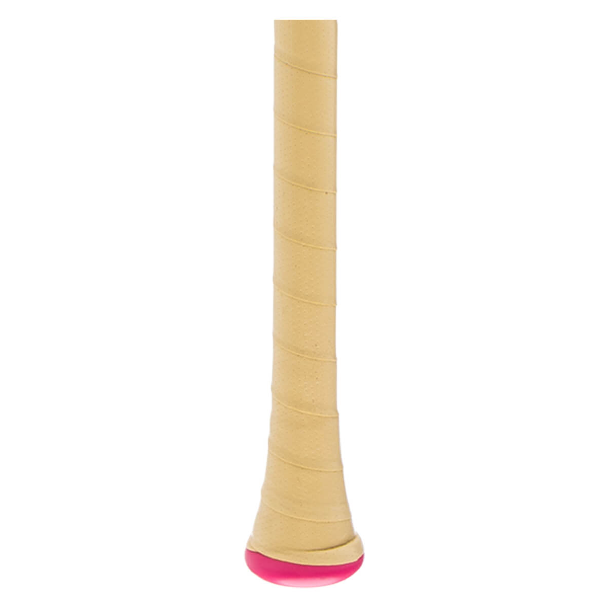 Close-up view of a baseball bat handle featuring a tan grip wrap and a bright pink knob.