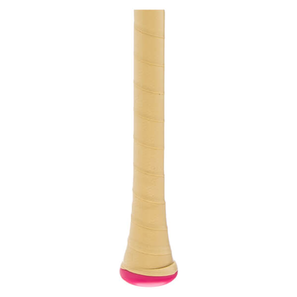 Close-up view of a baseball bat handle featuring a tan grip wrap and a bright pink knob.
