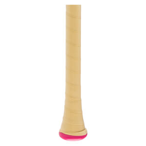 Close-up view of a baseball bat handle featuring a tan grip wrap and a bright pink knob.