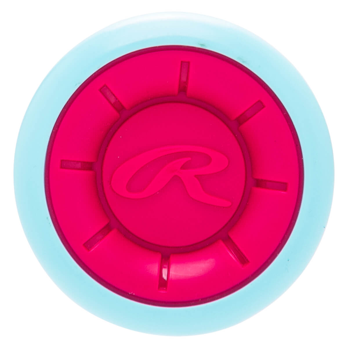 Top-down view of a pink and light blue circular bat knob featuring a stylized R logo in the center.