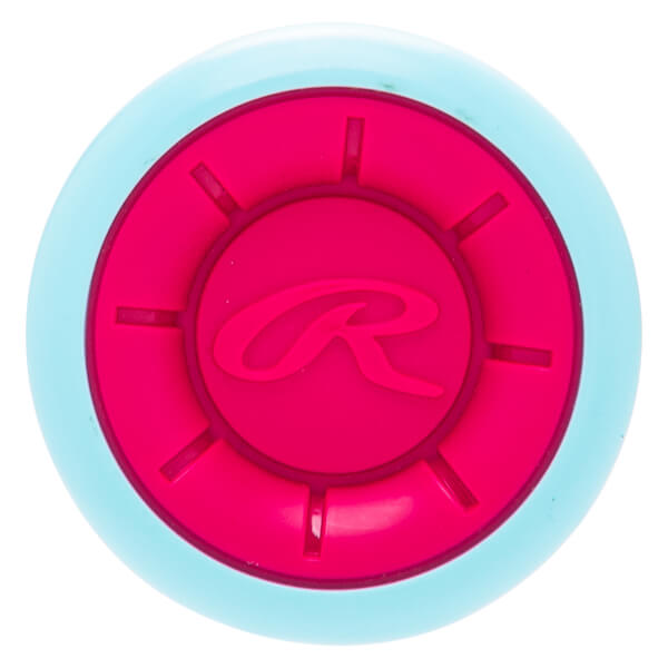 Top-down view of a pink and light blue circular bat knob featuring a stylized R logo in the center.