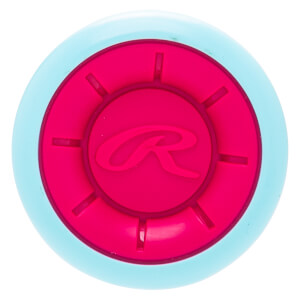 Top-down view of a pink and light blue circular bat knob featuring a stylized R logo in the center.