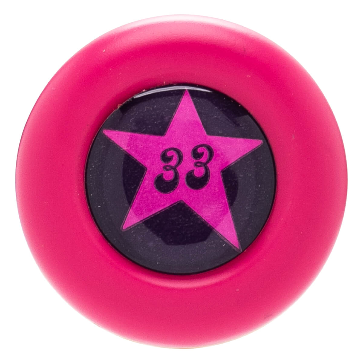 Top-down view of a hot pink baseball bat knob featuring a circular black center with a pink five-pointed star and the number 33.