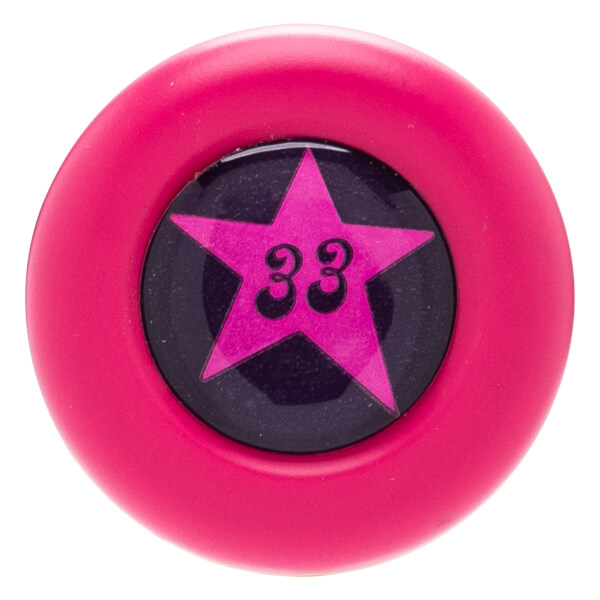 Top-down view of a hot pink baseball bat knob featuring a circular black center with a pink five-pointed star and the number 33.