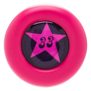 Top-down view of a hot pink baseball bat knob featuring a circular black center with a pink five-pointed star and the number 33.