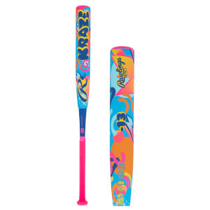 Front view of a colorful baseball bat with "RAZE" in large yellow letters and a pink grip.