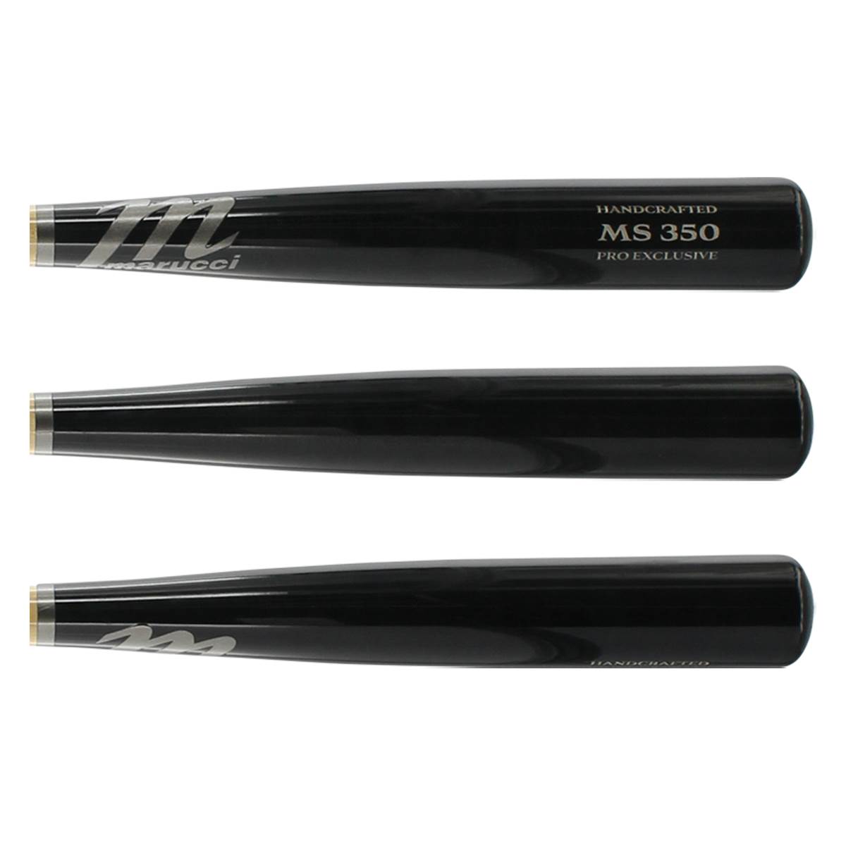 Top-down view of a black baseball bat with silver Marucci branding and MS 350 PRO EXCLUSIVE text.