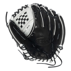 Front view of a black and white leather softball glove featuring a checkered web and the words "A2000" and "Wilson" embossed on the palm.