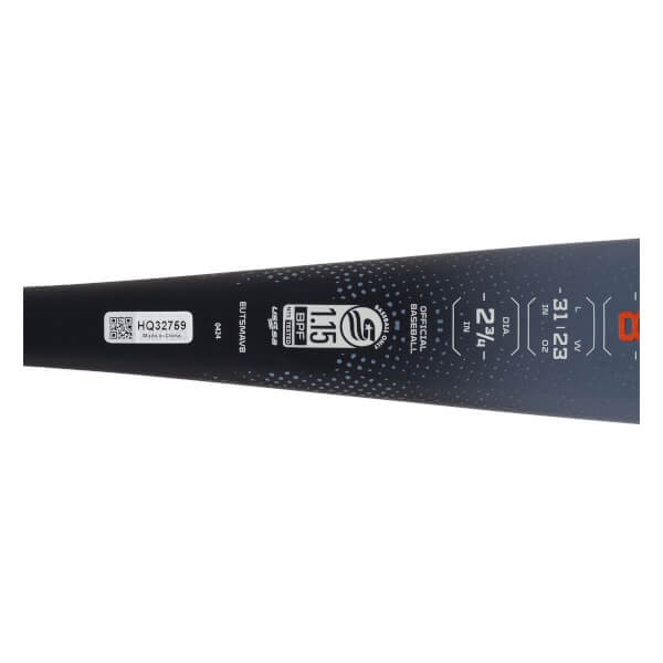 Close-up side view of a black baseball bat with white 1.15 BPF text, dimensions, and a QR code.