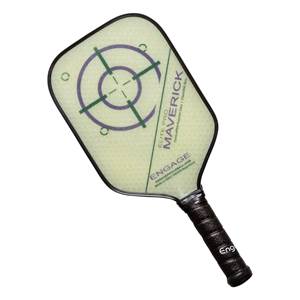 Top-down view of a light green pickleball paddle with a target graphic, Maverick text, and black grip with Eng logo.