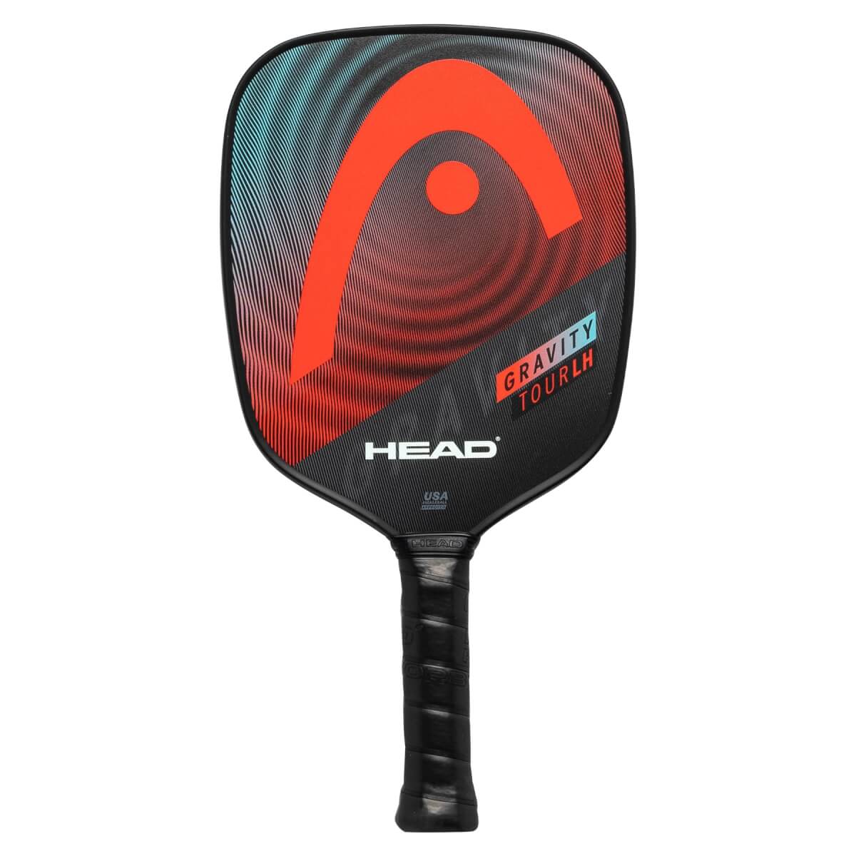 Front view of a black pickleball paddle with a large orange HEAD logo and GRAVITY TOURLH text.