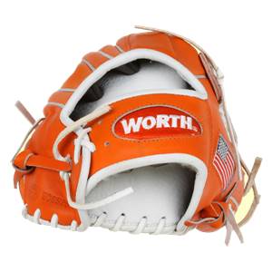 Front view of an orange baseball glove with a white interior, WORTH logo, and American flag detail.