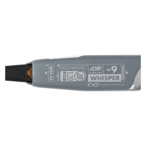 Close-up side view of a gray fastpitch softball bat with WHISPER, DEMARINI, -9, and 1.20 BPF text.