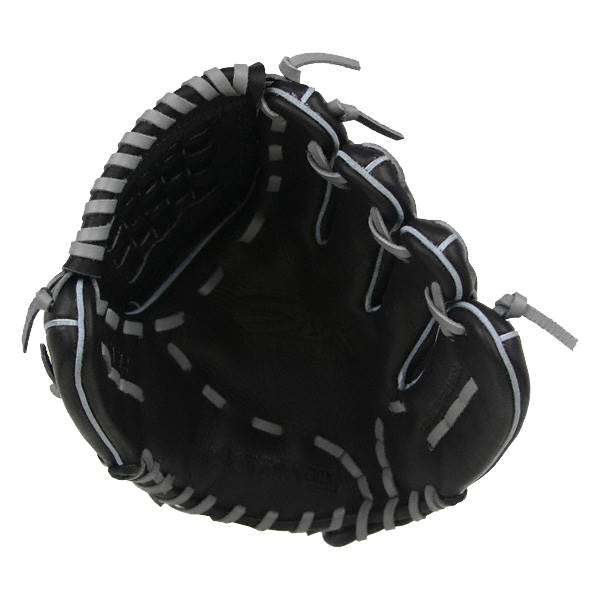Top-down view of a black youth baseball glove with grey stitching and lacing.