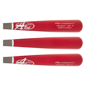 Top-down view of red baseball bats with white logos and text.