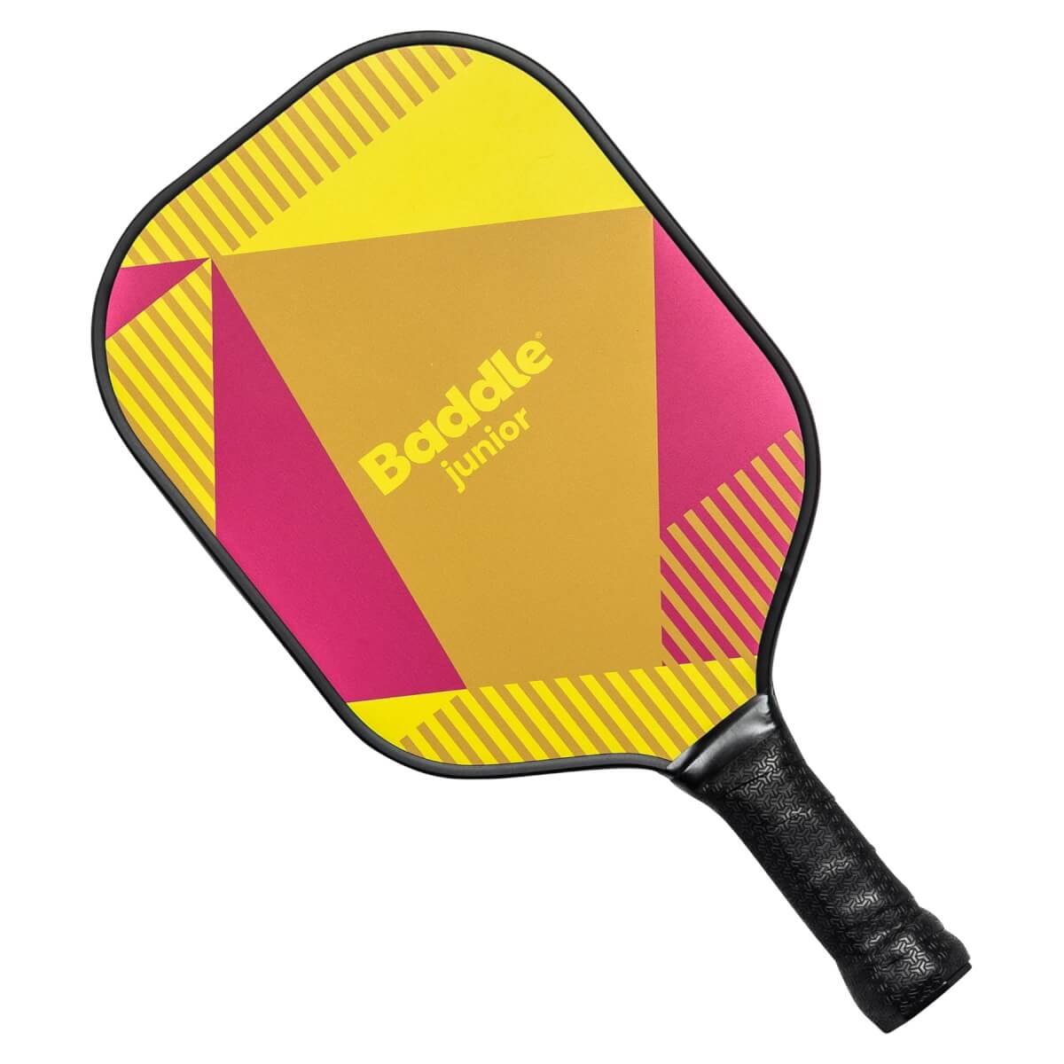 Top-down view of a yellow and pink Baddle Junior pickleball paddle with geometric patterns and a black grip.