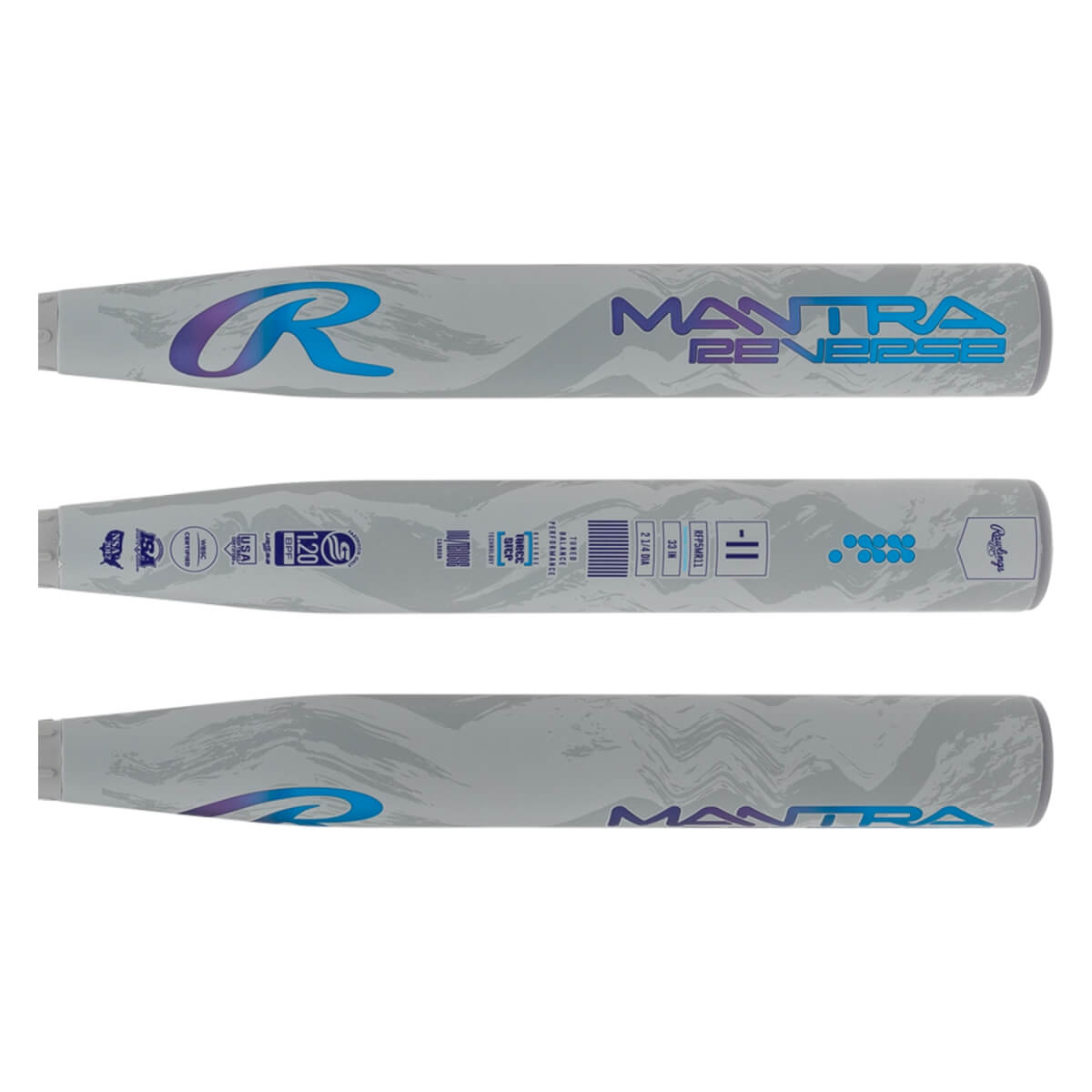 Three-panel view of a grey fastpitch softball bat with blue/purple Rawlings R logo, MANTRA REVERSE text, and certification stamps.