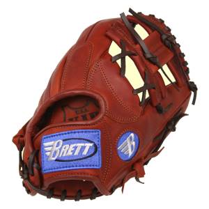 Front view of a brown baseball glove with a blue Brett patch and a B logo.