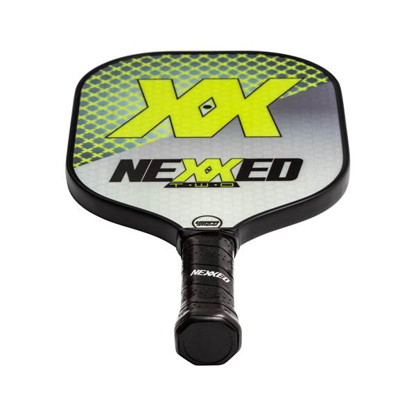 Top-down view of a black pickleball paddle with yellow XX logo and NEXXED branding.