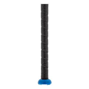 Close-up of a black fastpitch softball bat grip with a blue end cap.