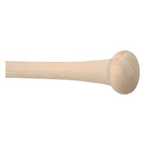 Side view of a light wood baseball bat with a rounded knob.