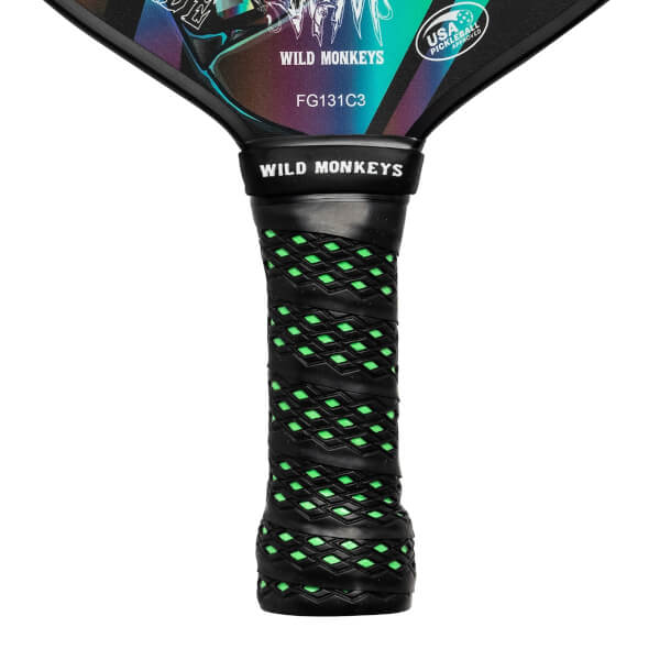 Bottom view of a black pickleball paddle with a green diamond grip and WILD MONKEYS text.