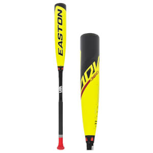 Side view of a yellow and black Easton USA baseball bat with a red knob, alongside a close-up of its barrel showing ADV 360 text.