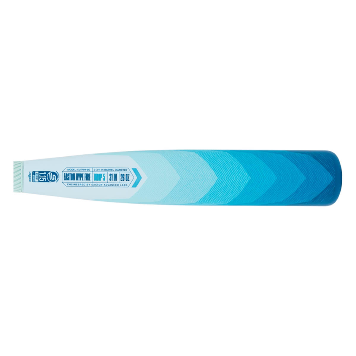 Side view of the bat barrel showing a light-to-dark blue chevron gradient and text reading EASTON HYPE FIRE, DROP 5, 31 IN, 26 OZ, and 1.15 BPF.