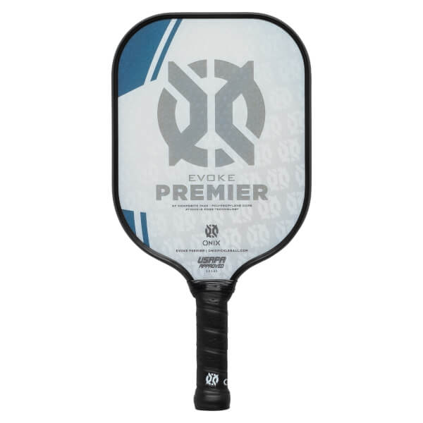 Front view of a white pickleball paddle with blue accents, EVOKE PREMIER text, and USAPA APPROVED stamp.
