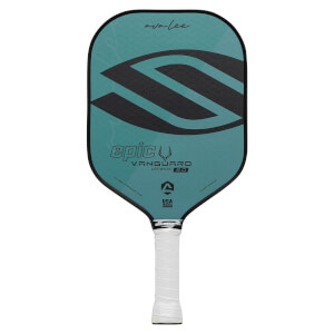 Front view of a teal pickleball paddle with a black S graphic, epic VANGUARD LIGHTWEIGHT 2.0 text, and a white grip.
