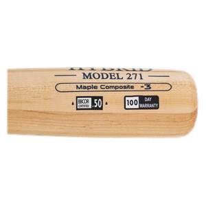 Close-up of the barrel of a natural wood baseball bat with MODEL 271, Maple Composite, and BBCOR .50 certification.
