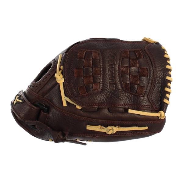 Side view of a brown baseball glove with yellow lacing and a checkered palm design.