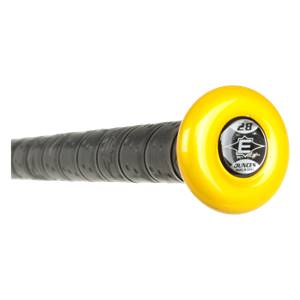 End view of a yellow softball bat with a black grip and E logo with 28 OUNCES text.