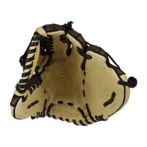 Interior view of a tan baseball glove with dark brown lacing and Akadema branding.