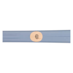 Side view of a blue baseball bat with a circular wood grain detail.