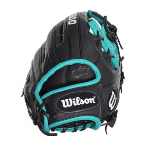 Side view of a black baseball glove with teal accents and Wilson branding.