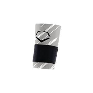 Front view of a gray wrist guard with white stripes and a black strap.
