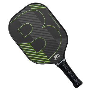 Top-down view of a black pickleball paddle with a large green B logo and USA Pickleball seal.