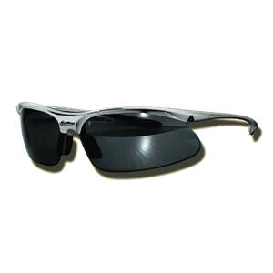 Side view of silver sunglasses with dark lenses and Akadema logo.