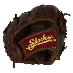 Close-up of a brown baseball glove with a red and gold Shoeless Joe patch.