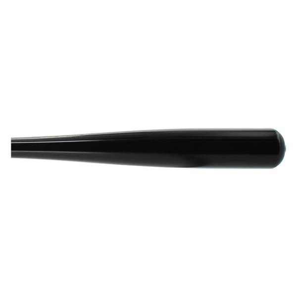 Side view of a black baseball bat with a smooth, tapered barrel.