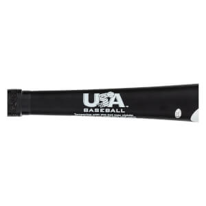 Side view of a black baseball bat with USA BASEBALL logo and a white end cap.