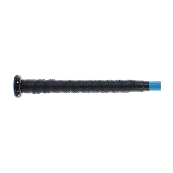 Side view of a black baseball bat grip with blue barrel and perforated texture.
