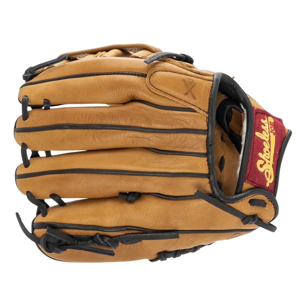 Side view of a tan baseball glove with black lacing, a red Shoeless logo patch, and an X-stitch detail.