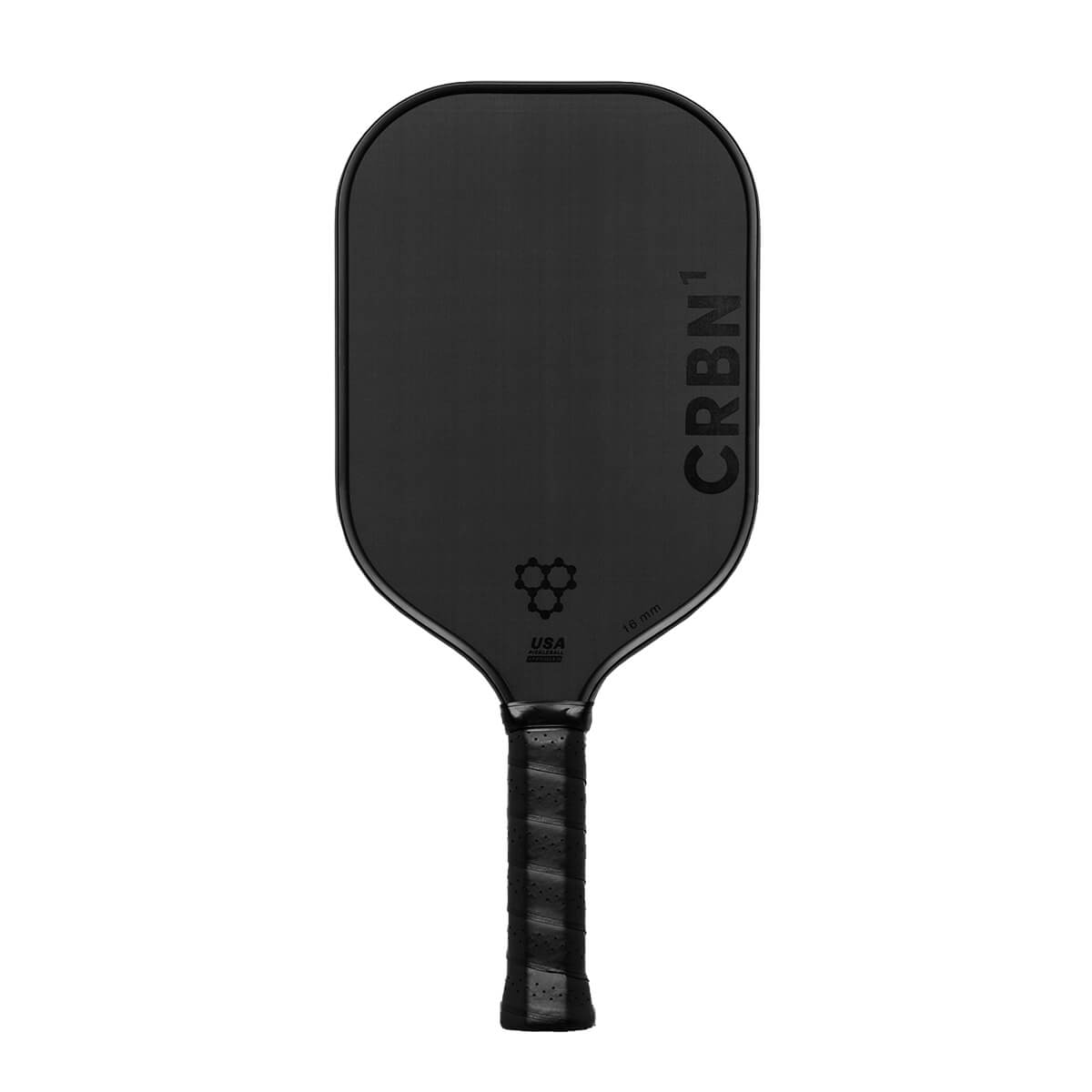Front view of a black pickleball paddle with CRBN¹ branding and a honeycomb logo.