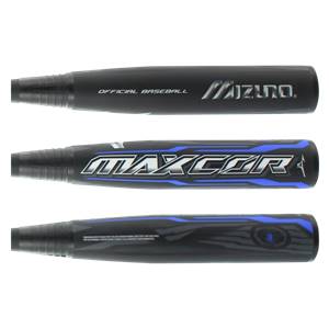 Side view of a black baseball bat with blue MAXCOR branding and OFFICIAL BASEBALL text.