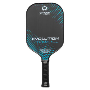 Front view of a black pickleball paddle with blue dots, OMEGA PICKLEBALL text, and EVOLUTION EXTREME X branding.