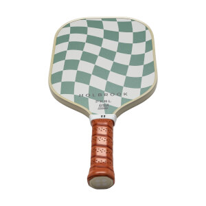 Front view of a white and green pickleball paddle with a checkered pattern, HOLBROOK PKBL USA text, and a brown perforated grip.
