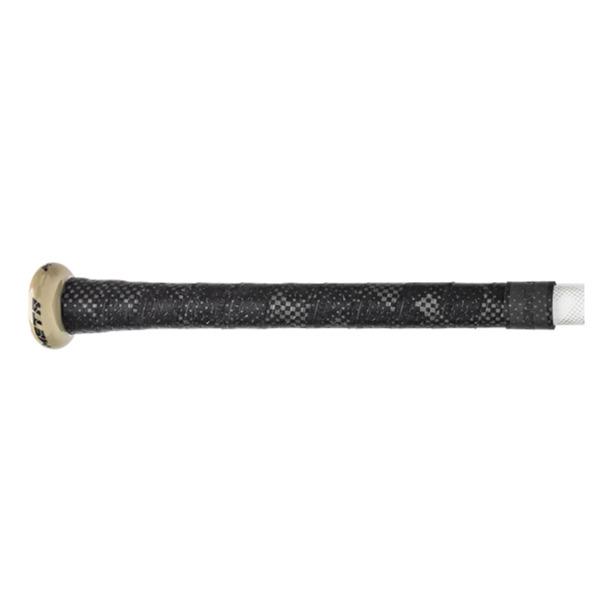 Side view of a gold baseball bat with a black checkered grip and white end cap.